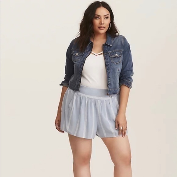 TORRID BLUE & WHITE STRIPED GAUZE  SMOCKED SHORTS - Picture 6 of 7